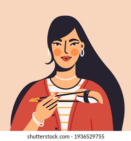 Cute female character eating sushi in restaurant flat cartoon illustration. Delicious asian food  banner design. Woman tastes traditional Japanese cuisine background.