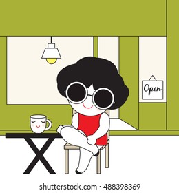Cute female character enjoys a cup of coffee illustration