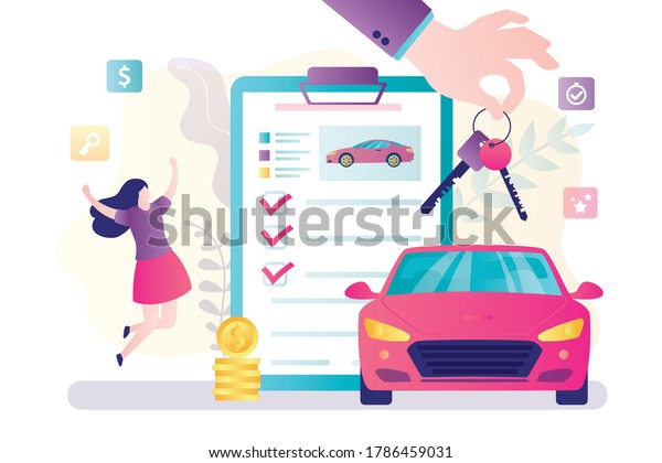 Cute female character happy to buy new\
automobile. Contract of purchase and sale or insurance for car is\
drawn up. Big hand holds keys from car. Banner in trendy style.\
Flat vector illustration