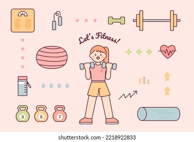 Cute female character holding dumbbells and exercise equipment set. flat vector illustration.