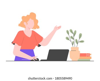 Cute female character with laptop. Freelance work, online meeting, remote project management. Vector flat illustration.