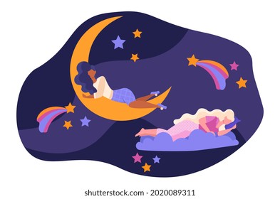 Cute female character with long hair is sleeping on the moon. Concept of romantic dreams with night sky and stars. Woman hugs the crescent moon. Flat cartoon vector illustration