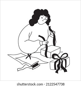 A cute female character packs a gift. The girl is preparing a surprise.  Vector hand-drawn illustration in the style of a doodle on an isolated white background.