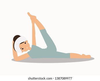 Cute female character performing side leg lifts exercise. Women health and fitness