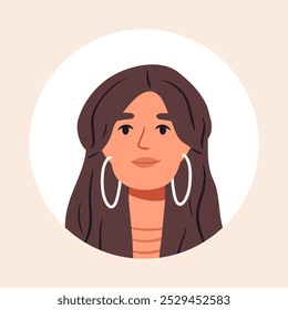 Retrato de personagem feminino bonito. Retrato de mulher, rosto de mulher deslumbrante, ilustração vetor plana de jovem senhora. Avatar de menina bonita