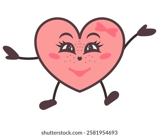 Cute female character in the shape of a heart. Romantic pink mascot with freckles, running, jumping and laughing. Smile on the face, bow decoration, eyelashes. Color vector illustration. Kawaii style.