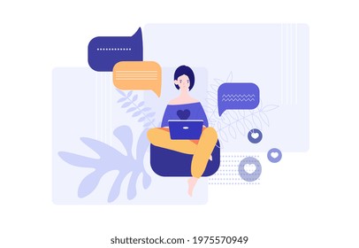 Cute Female Character Is Sitting With Laptop And Texting In Application. Concept Of Internet Communication, Online Conversation On Social Network, Instant Messaging. Flat Cartoon Vector Illustration