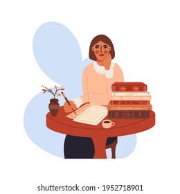 Cute female character sitting on the table and write flat cartoon illustration. Elegant modern woman study and drink coffee banner design. Author writer workspace trendy  background
