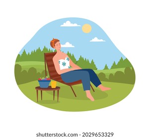 Cute female character is sitting on a deck chair drinking eating fruits on backyard. Smiling woman is relaxing on sun with nature landscape on the background. Flat cartoon vector illustration