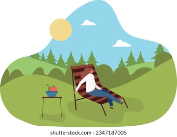 Cute female character is sitting on a deck chair drinking eating fruits on backyard. woman relaxing on sun with nature landscape on the background.flat vector illustration.