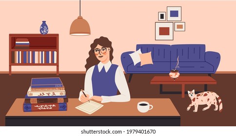 Cute female character studying at home flat cartoon illustration. remote work concept banner design. Writer creative freelance job background. Woman Student learning, reading books.