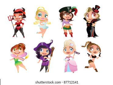 Cute female characters in different costumes