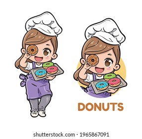 Cute female chef carrying donuts on a tray. Can be used as mascot or part of a logo.