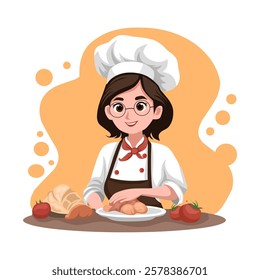 cute female chef illustration, cartoon or comic style