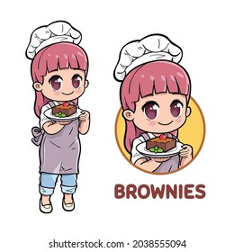 Cute female chef presenting brownies cake. Can be used as mascot or part of a logo.