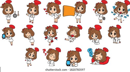 The cute female chef set actions.