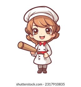 Cute Female Chef with Wood Rolling Pin Manga Chibi Illustration Logo, kawaii face Logo