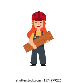 Cute female child in builder uniform and safety helmet holding a plank of wood. Little ginger girl kid in construction worker costume smiling - isolated flat vector illustration.