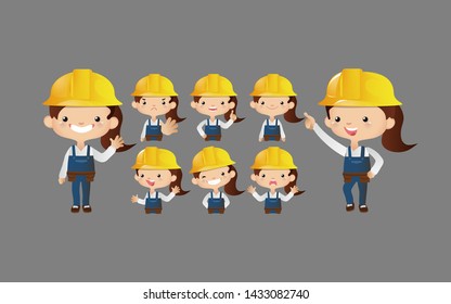 Cute female construction worker with different poses. vector set