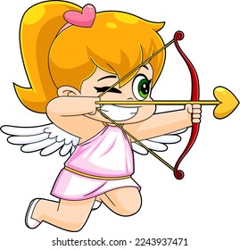 Cute Female Cupid Baby Cartoon Character With Bow And Arrow Flying. Vector Hand Drawn Illustration Isolated On Transparent Background