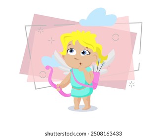 Cute female cupid with bow and arrow thinking over aim. Archery, cherub, angel. Valentines day concept. Can be used for topics like love, romance, dating