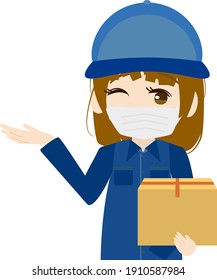 Cute female deliveryman with a mask