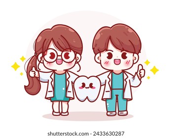 Cute female dentist and male dentist holding teeth and gave a great thumbs up gesture hand drawn cartoon illustration