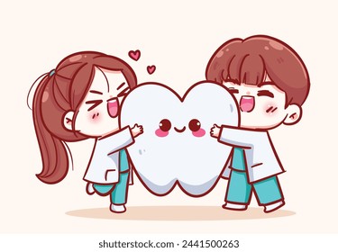 Cute female dentist and male dentist with teeth hand drawn cartoon illustration