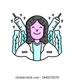 Cute female Doctor cartoon character and syringe with vaccine against virus doodle illustration. Medical healthcare concept illustration 