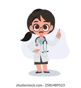 Cute female doctor cartoon giving medical advice with a pointing gesture, professional healthcare character illustration