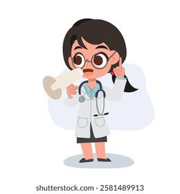 cute female doctor cartoon with megaphone making announcement in hospital