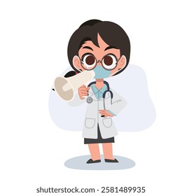 cute female doctor cartoon with megaphone making announcement in hospital