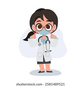 Cute female doctor cartoon reminding to wear a face mask for health and safety awareness