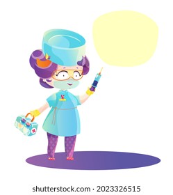 Cute female doctor holding a syringe and boxing with a vaccine. Drawing in the style of manga. Childish cartoon style in bright colors