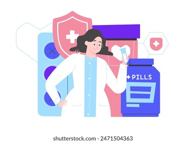 Una doctora linda sostiene un tubo de ensayo contra el fondo de frascos de medicina. Farmacología, pruebas de drogas, ciencia en medicina. Ilustración plana de Vector con carácter.