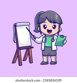 Cute Female Doctor Pointing At Whitboard Cartoon Vector Icon Illustration. People Health Icon Concept Isolated Premium Vector. Flat Cartoon Style