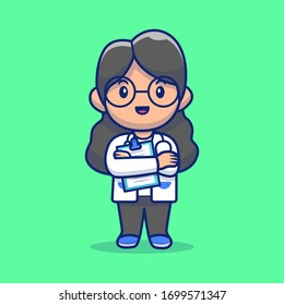 Cute Female Doctor Vector Icon Illustration. Corona Mascot Cartoon Character. Person Icon Concept White Isolated. Flat Cartoon Style Suitable for Web Landing Page, Banner, Flyer, Sticker, Card