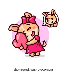 CUTE FEMALE DOG HUG A HEART PILLOW PRESENT FROM HER BOYFRIEND. VALENTINE'S DAY ILLUSTRATION.