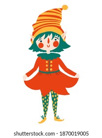 Cute female elf. Christmas Santa helper character. Girl dwarf little fantasy helper. Cartoon flat vector isolated set. Perfect for sublimation printing, card design, web site, sticker