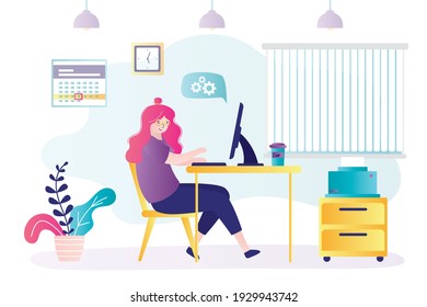 Cute female employee at workplace. Businesswoman working. Office room interior with furniture. Funny doodle woman working remotely. Flat Vector illustration