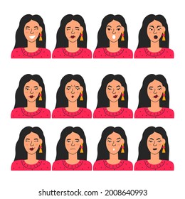 La expresión facial femenina corta se aísla en blanco. Las emociones de las chicas jóvenes adultas guapas. avatar de mujer humana con diferentes sentimientos. Colección de iconos de Lady retrato. Ilustración de línea plana de color vector
