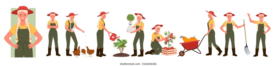 Las agricultoras que trabajan en el huerto agrícola son ilustraciones vectoriales. Caricatura de una joven que alimenta a una gallina, a una planta de regar, de pie con horquilla aislada en blanco. Agricultura, concepto de empleo