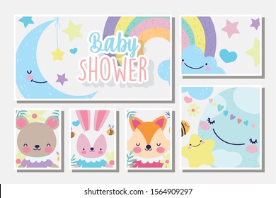 cute female fox rabbit and bear rainbow clouds baby shower card vector illustration cute female fox rabbit and bear rainbow clouds baby shower card vector illustration