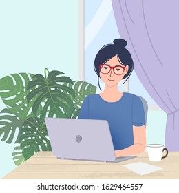 Cute female freelance worker sitting at desk and work on computer at home.  Modern vector illustration in flat cartoon style.