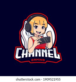 Cute female gamer playing on smartphone, streaming channel girl logo mascot