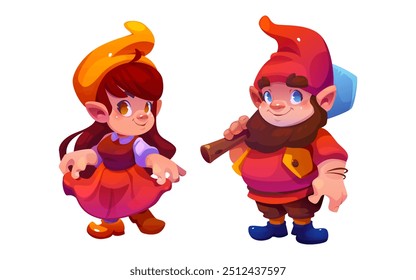 Cute female garden gnome autumn character cartoon. Small dwarf from magic fairytale with beard. Happy thanksgiving mascot in red costume design. Funny scandinavian midget clipart with shovel