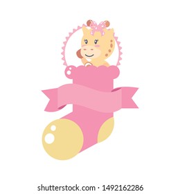 cute female giraffe baby with sock and ribbon