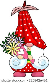 Cute Female Gnome Cartoon Character Holding A Bouquet. Vector Hand Drawn Illustration Isolated On Transparent Background