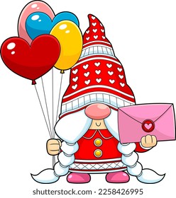 Cute Female Gnome Cartoon Character With Balloons Holding A Love Letter. Vector Hand Drawn Illustration Isolated On Transparent Background