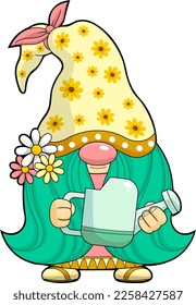 Cute Female Gnome Cartoon Character Holding Gardeners Watering Can. Vector Hand Drawn Illustration Isolated On Transparent Background